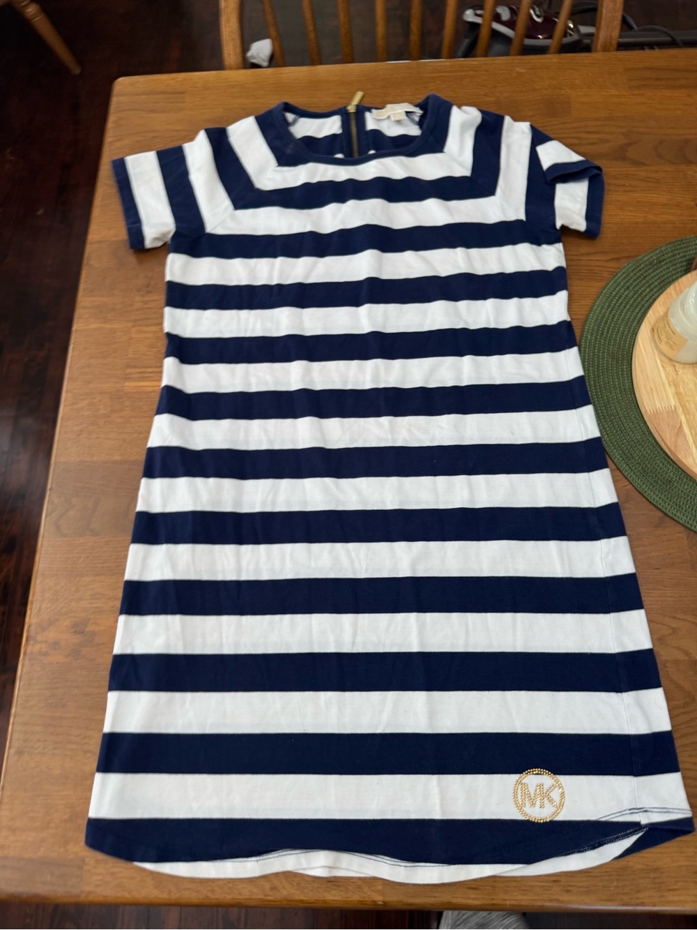 Michael Kors Navy & White Striped Short Sleeve Knit Dress with Gold Logo